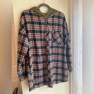 Heyson Flannel Shacket Button Down Hooded Plaid Shirt Women’s Size Large